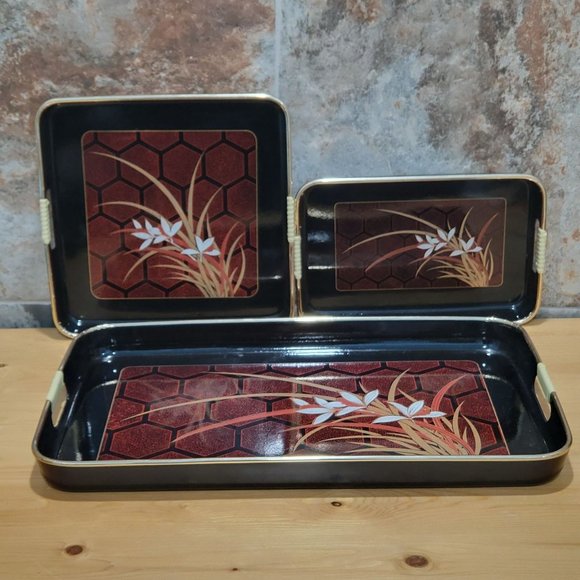 VTG Lacquer Beverage Serving Tray Barware Rectangular Square Black Enamel Floral - Picture 5 of 13